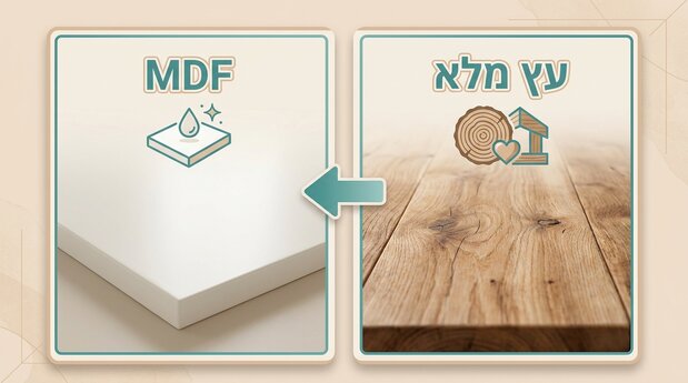 השוואה ויזואלית בין טקסטורה טבעית של עץ מלא לבין משטח MDF צבוע וחלק